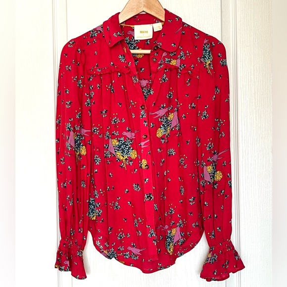 Anthropologie Maeve Fredericka Bird Floral Top Red Sz 0 Cottagecore Grandmacore - Picture 4 of 13